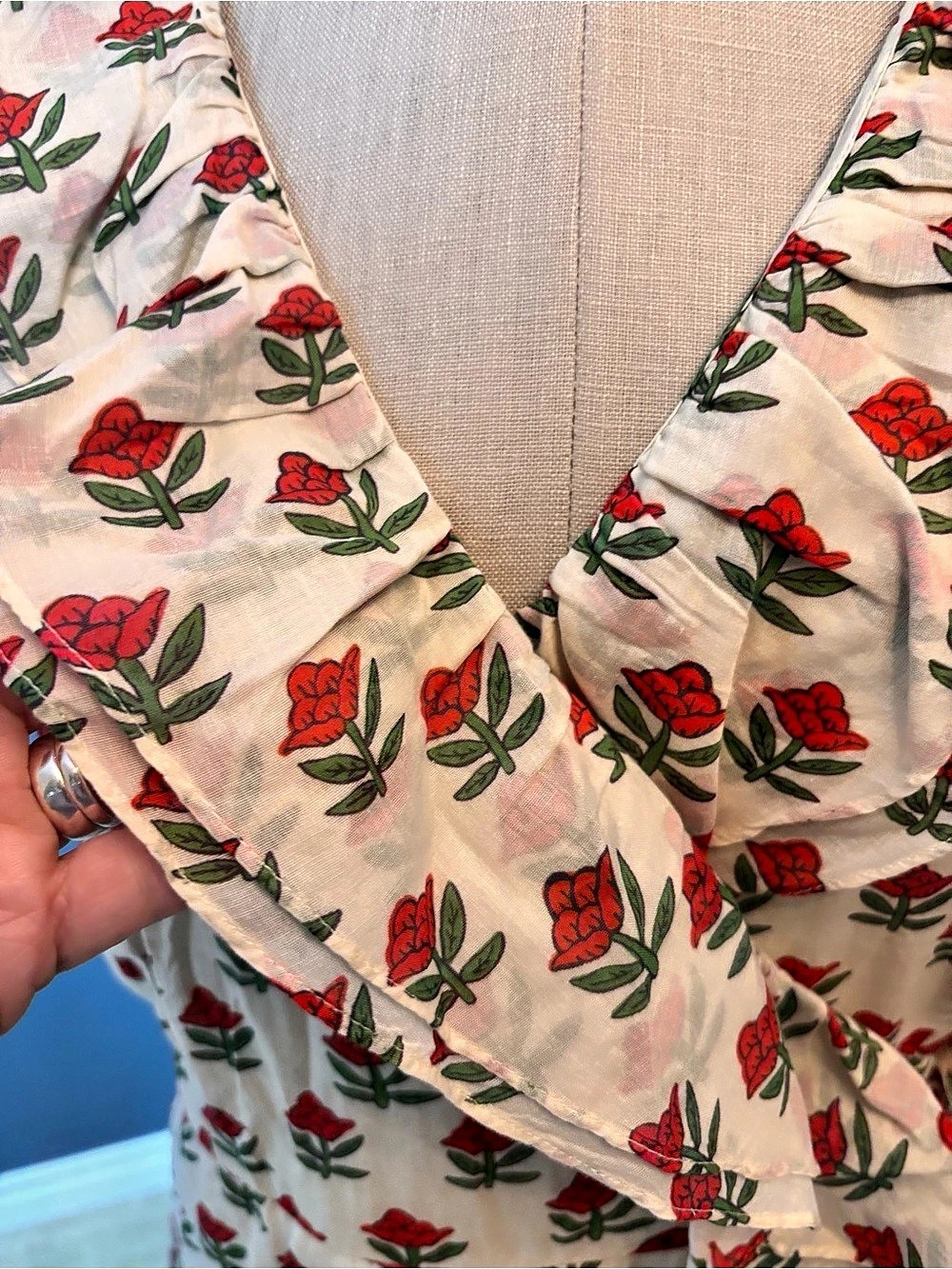 Rhode Aster Dress Floral Midi in Cream & Red XL